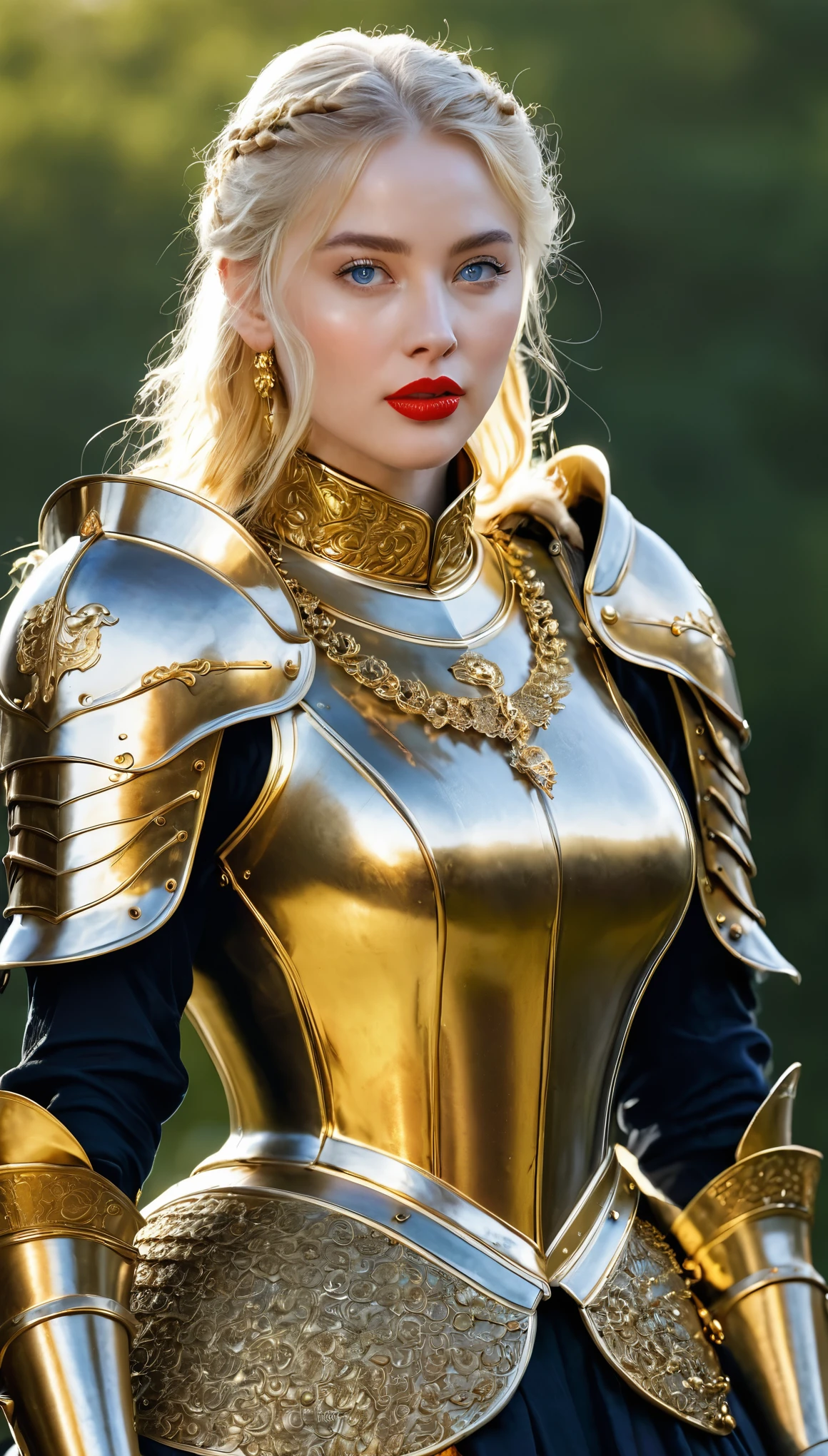 masterpiece,Highest quality,wonderful,(Female Knight_Female Knight:1),(Full body golden armor:1.3), (35歳のFemale Knight:1.3),、Big and ample breasts, Big Breasts,Big Breasts,,Hyper Real,中世ヨーロッパの都市のbattlefieldにいる,Expressionless,、British women、Delicate skin texture to the smallest detail 、(Detailed blue eyes)、(Chubby body type))、(Very large)、Middle-aged women、(ふわふわblondeの長い髪)、Wheat tanned skin、(blonde)、Very large、Female Knight、Big Breastsの谷間、豪華に装飾されたFull body golden armor、Medieval witch、Golden long boots with flashy decorations、Deep neckline、Pure gold and jewellery necklaces and collars、Big gold earrings、Bright red lips、豪華なFull body golden armorを着て、Gold Long Gloves、She has a big long sword、The sword is ornately decorated..........................、The blade is pitch black、(Female Knight)、(battlefield)、