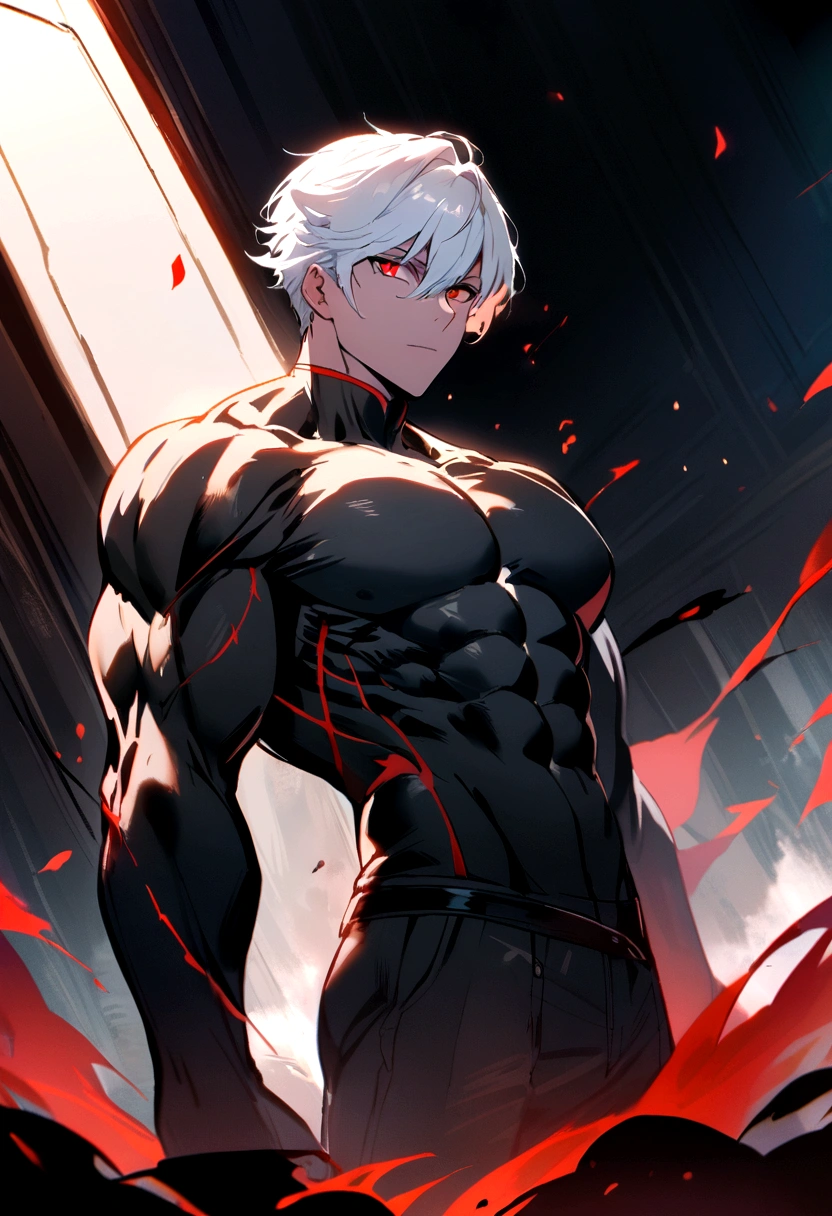 as a man with white hair and red eyes with an excellent physique