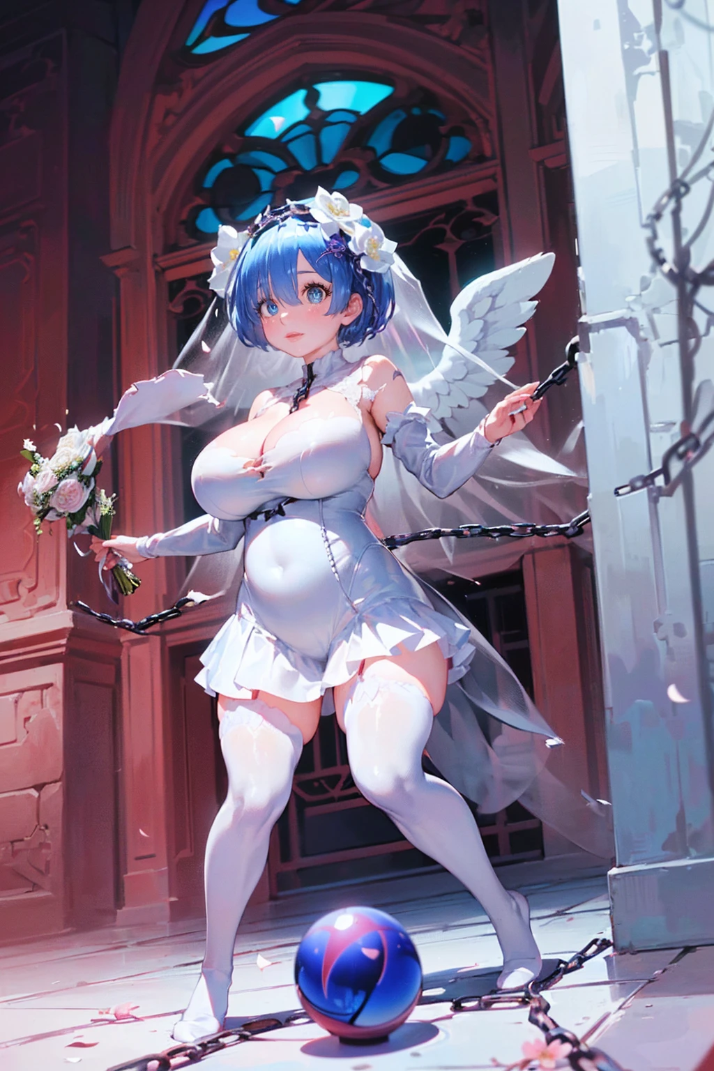 Fantasy World、Take Off、fly in the sky、(((((Huge angel wings flapping))))),(((((((Clothes are torn and breasts are visible))))))),(((Body bound in chains))),Short Hairstyles、Full moon night、Cherry Blossoms at Night、((((wedding)))),bride、((Church stained glass))、((Long skirt))、pipe organ、((Reaching out))、((((Throwing bouquets))))、(((((((Pure white wedding dress)))))))、(((((((Wedding dress ripped to shreds))))))),(((((Fisheye Lens)))))、((((Super huge breasts))))、(((Plump thighs)))、(((Rem from Re:Zero)))、looking at the camera、High qualityHigh quality、8k、(((((Full body description)))))、Chest、Fantastic、looking at the cameraで、(((Cherry blossoms fluttering down)))、Red carpet、Very tall、((Torn knee-high socks))