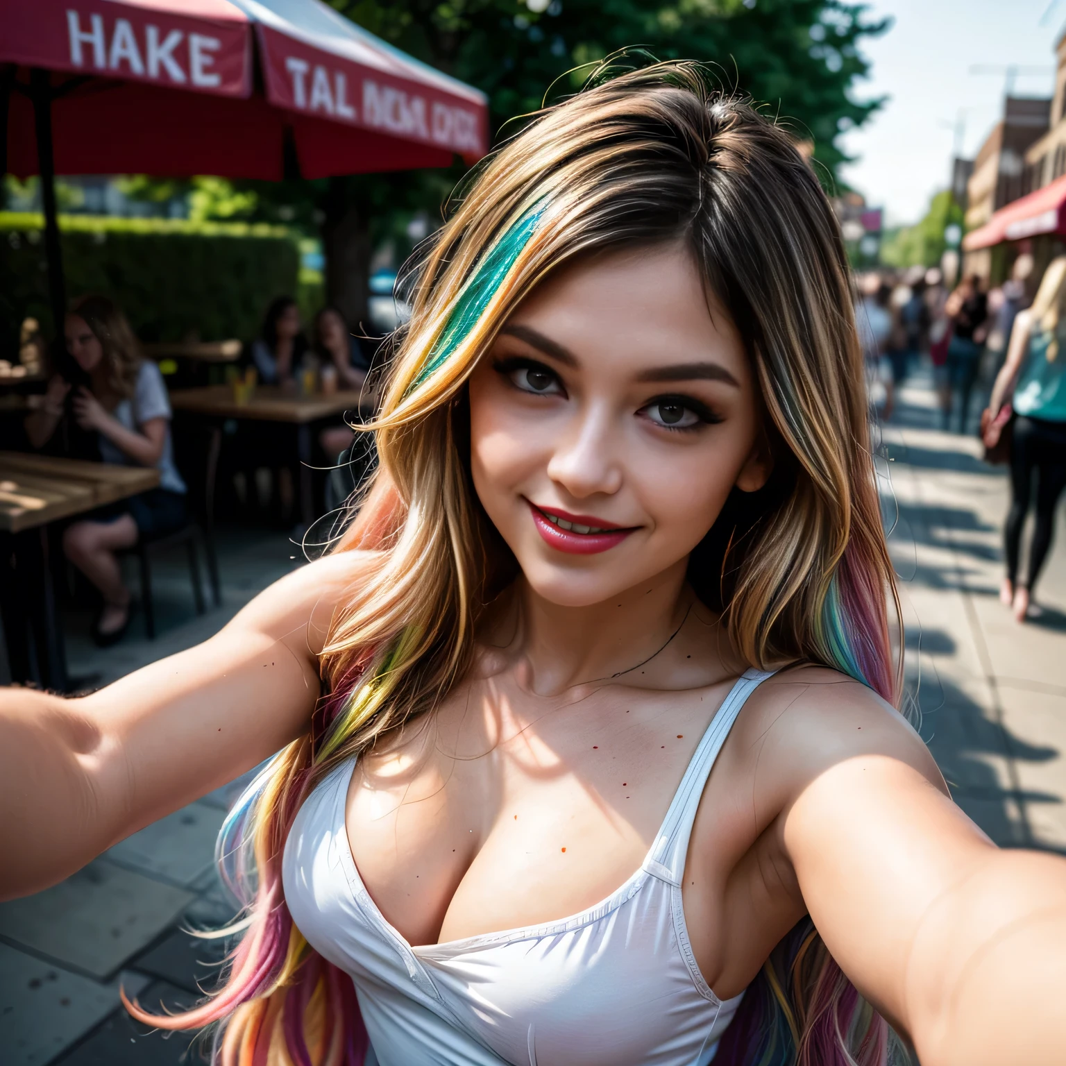 (masterpiece, photorealistic:1.4, extremely intricate:1.3, radiosity, photon mapping, dtx), ((20 year old athletic age supermodel, (smiling, happy, long eyelashes, makeup:1.2), white flowerprint summer dress, ((top view:1.4, selfie:0.8)), red lips)), ((([skin detail:freckles:0.5], portrait))), outdoor, crowded street, restaurant, coffee, professional photograph, (((long curly [blonde hair:rainbow colored hair:0.1])), wind), BREAK ((sunset, ((film grain))), bokeh), BREAK, ((([medium breasts:large breasts:0.9])))
