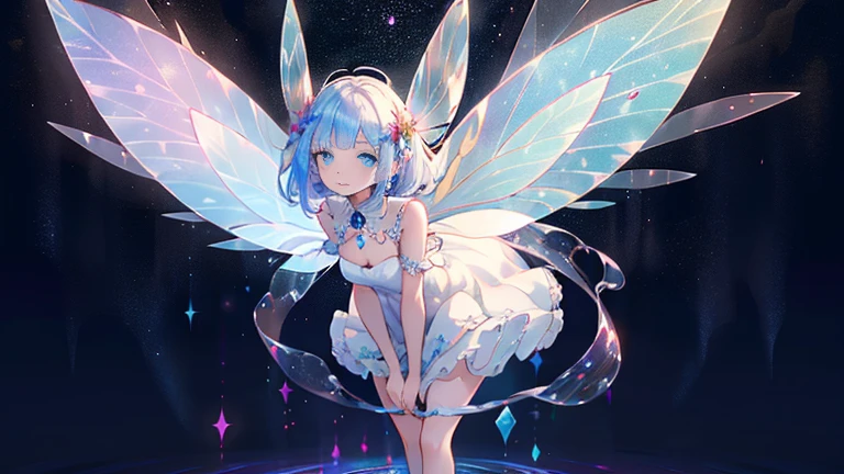 (Best quality), (masterpiece:1.3), Fantastic Magic World, Psychedelic clouds, Iridescent clouds, aurora, A girl, high-waisted dress, costume-centered, deep blue eyes, (Wearing fairy wings of Iridescent effect:1.5), Full body, aerial turn, leaning forward