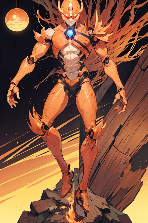 A humanoid machine made entirely of wood The machine is called Karakuri. His skin is the color of wood and has wood grain patterns all over his body. The shoulder joints, arm joints, wrist joints, finger joints, knees, and ankles are fitted with balls. The hip joint has two holes and the ball-shaped part on the foot side fits into place. A glowing, spherical gem is embedded in its chest. His skin is the color of wood and has wood grain patterns all over his body. Muromachi Period