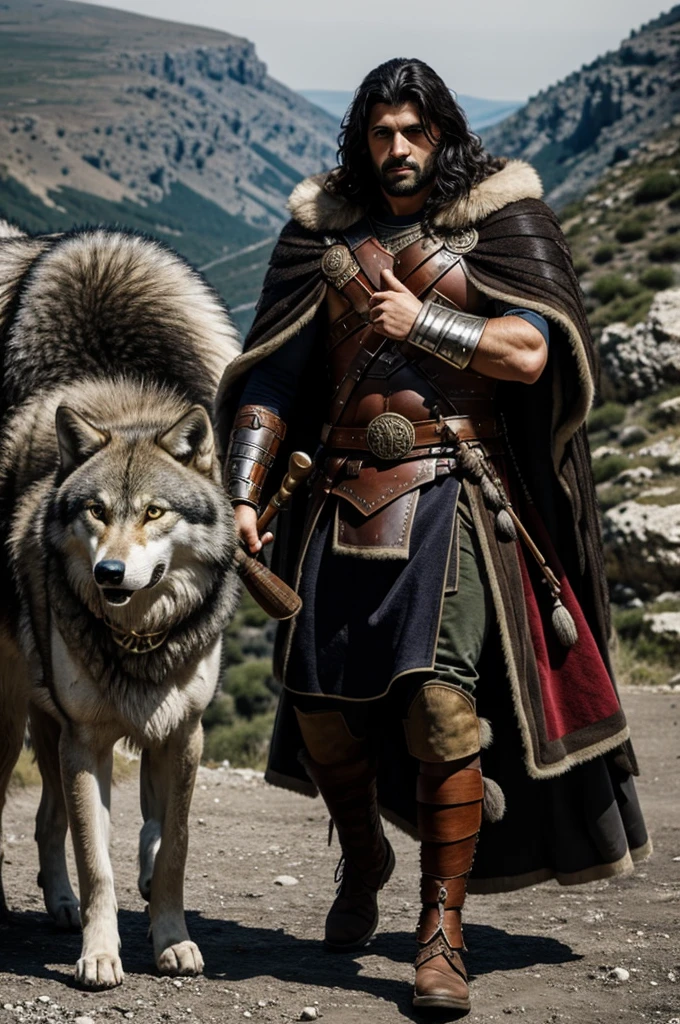 Greek warrior with a fur cloak and a wolf's head