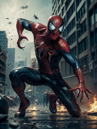 Venom ((aún healthy and alive))y Spiderman((healthy and alive)) ((Marvel Comics)) fleeing from zombies ((living Dead) apocalipsis zombie)((run away from the zombies))((Peter Parker ))((without mask))((Spider Man without infection))