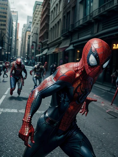 Venom ((aún healthy and alive))y Spiderman((healthy and alive)) ((Marvel Comics)) fleeing from zombies ((living Dead) apocalipsis zombie)((run away from the zombies))((Peter Parker ))((without mask))((Spider Man without infection))