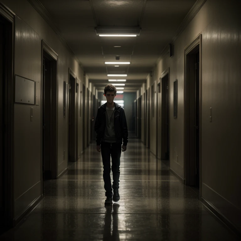 a 16 year old american student walking nervously through empty school hallways with a feeling of being watched, empty and dimly lit hallway, cinematic lighting, dramatic, realistic, photorealistic, highly detailed, award winning photograph, 8k, best quality, masterpiece, cinematic lighting, moody atmosphere