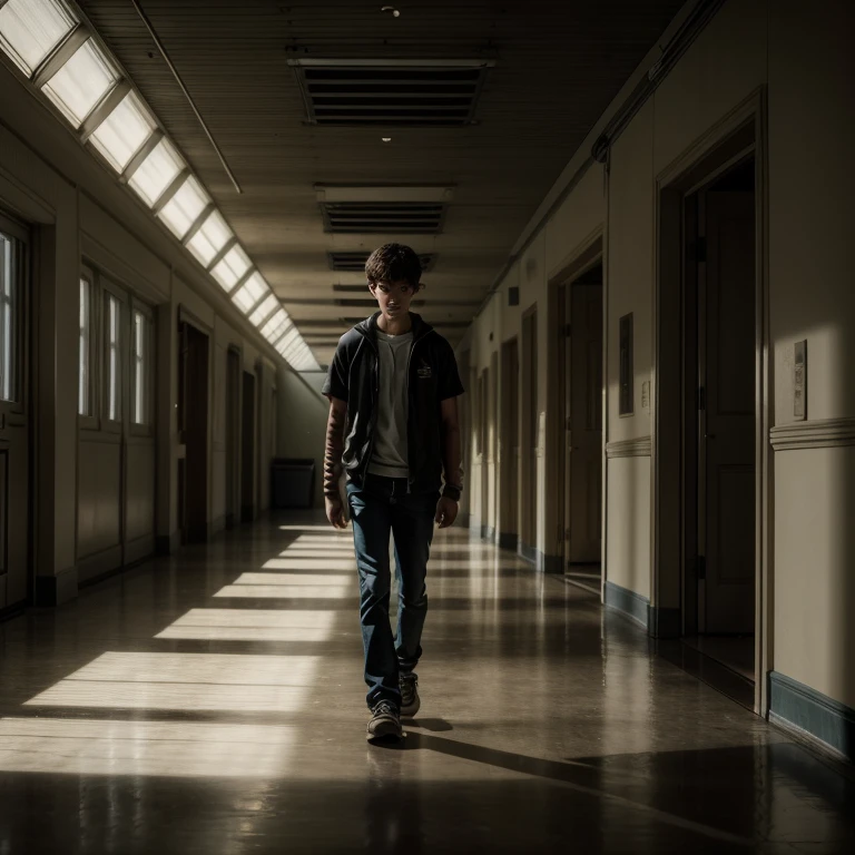 a  american student walking nervously through empty school hallways with a feeling of being watched, empty and dimly lit hallway, cinematic lighting, dramatic, realistic, photorealistic, highly detailed, award winning photograph, 8k, best quality, masterpiece, cinematic lighting, moody atmosphere