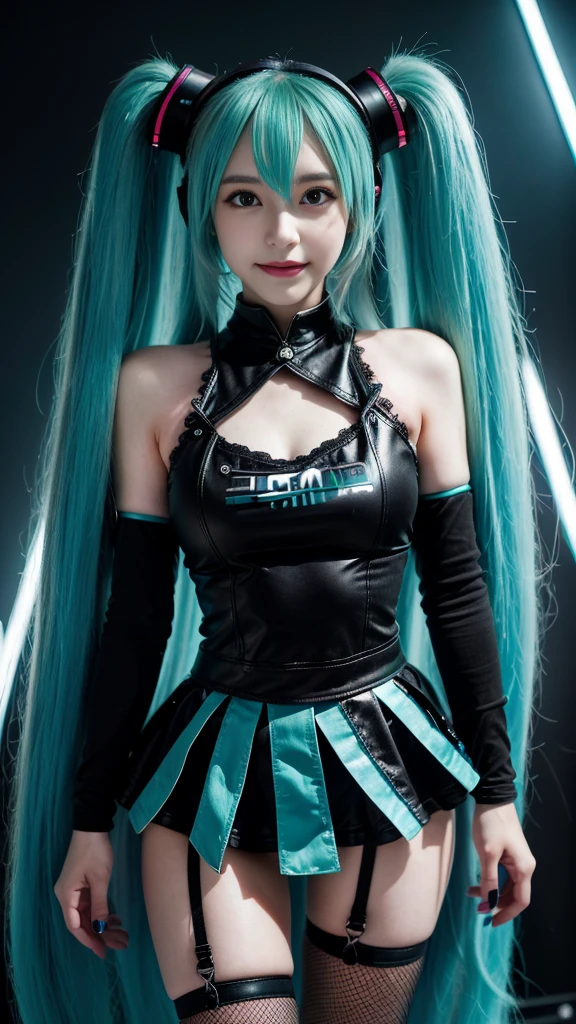 best quality， High resolution， Big breasts Hatsune Miku， Expression， Mascara， black t-shirt has， black skirt， Lace stockings， high shoes， ((Spread your legs))，  choker necklace， nipple piercing， Heavy eyeliner， dark eye makeup， Pale skin， Nail accessories， Wristband， complex foundation， blink， Scribble， drink， poster for， background with， sound board， Subsurface， crow， loud， Sweating， full of prunes， Mosin， narrow， inside the room， Masterpiece, best quality,  alone, smile, heart dancer, full body, see viewers, long blue hair, double tail, stand on stereo, stage, ไฟstage, stage focus, Detailed background, audience, (front focus), Keywords: 1 girl taking pictures., (((Hatsune Miku))),  Surrealistic portrait, fantasy art, Take realistic photos, dynamic light,  Volumetric light, Very detailed face, 8K, won, 1 girl, 25 year old girl,low voice, Long hair, two tails with horses., Tosca&#39;s hair and eye color are bright. (((Rich in colour))), Nack shoes , full body, Big smile (open mouth), Wet skin, Highly detailed facial and skin textures, Detailed eyes, realistic eyes, Detailed eyesสวยงาม, (realistic skin), (((Futuristic Hatsune Miku dress 1:1))), Dynamic Post，full body photo，full body