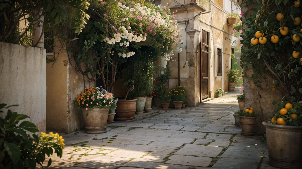 Fresh flowers and citrus trees on the Amalfi Coast, Beautiful fragrance, 8K, Cinematic, Ultra-realistic, Very detailed, 4K, High resolution, Cinematic lighting, Unreal Engine Rendering, Talked about at the art station, Detailed Background, Very realistic, Complex Rendering