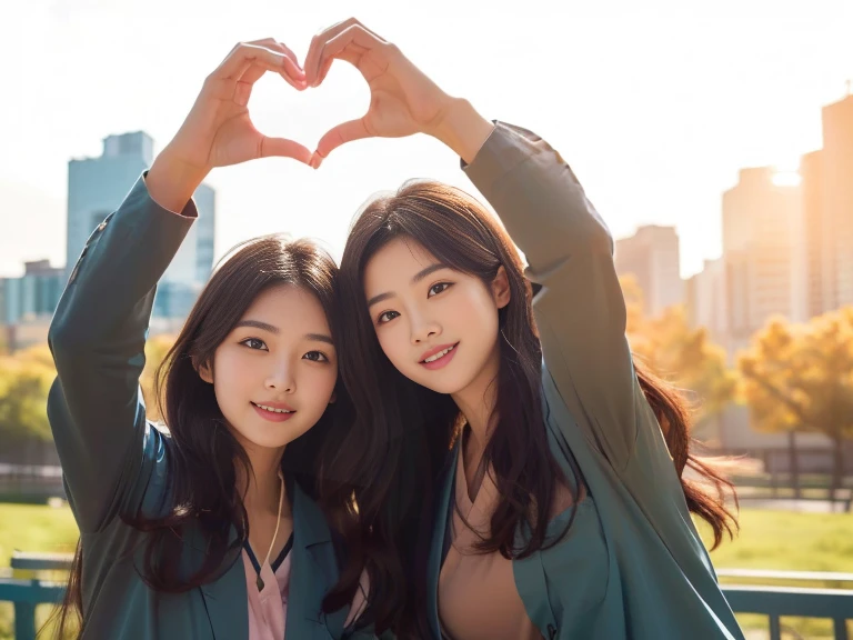 (heart hands duo), 2girls, Beautiful Japanese female doctor wearing white labcoat over teal scrubs with cute Japanese female nurse wearing pink nurse dress , beautiful detailed face, pale skin, realistic skin, detailed cloth texture, detailed hair texture, Perfect proportion, Beautiful Face, accurate, Anatomically correct, Highly detailed face and skin texture , looking at viewer