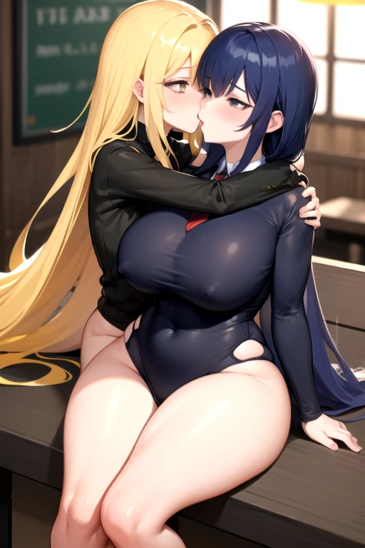 lesbian (very long yellow hair)(pechos big ones, Thighs big ones)(with clothes it is very tight) that he is kissing at school with his girlfriend,(pechos big ones, Thighs,(naked) big ones)lesbian love