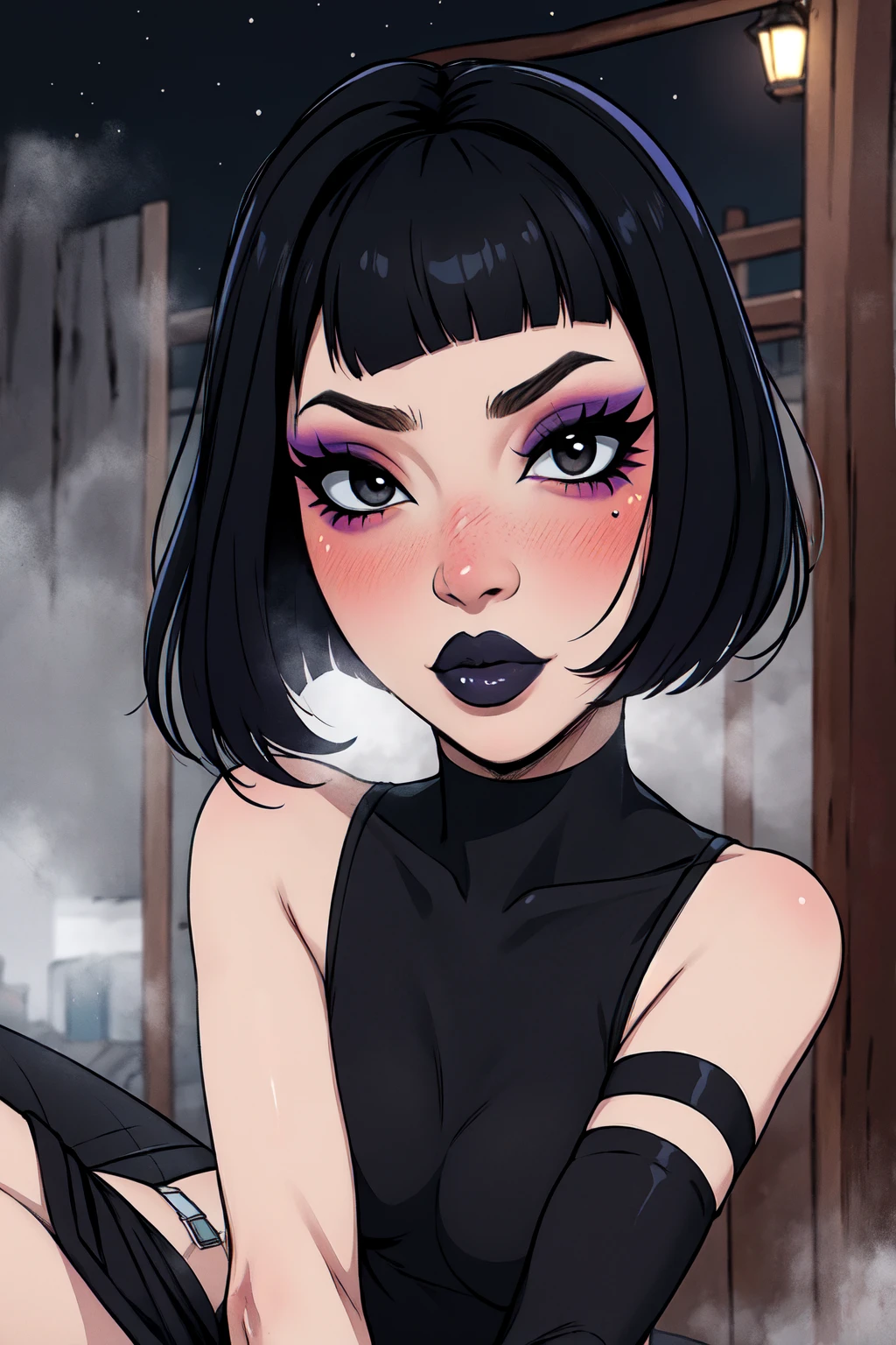 1girl, FengMin, solo, skinny, black eyes, asian eyes, eyeliner, looking at viewer, lips, black bob cut, blunt bangs, blush, , sitting on the motocicle, dinamic poses, whole body, face focus, outdoors, horror \(theme\), night, fog egirlmakeup,
