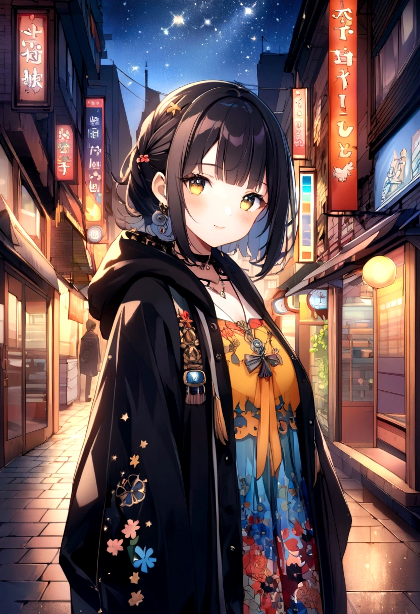 A fusion of graphic art and painting art、girl、Unusual street fashion、night、Starry Sky、front、Uplifting、Transparency、Bright Cities、wood々is rich、morning、High quality、Detailed Background、high resolution、Sparkling