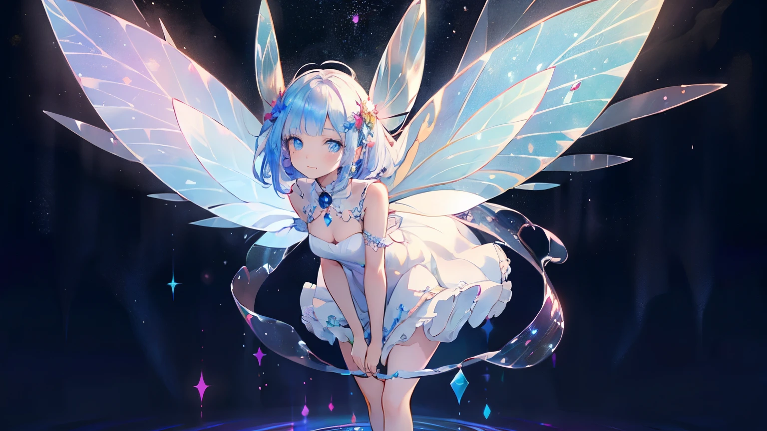 (Best quality), (masterpiece:1.3), Fantastic Magic World, Psychedelic clouds, Iridescent clouds, aurora, A girl, high-waisted dress, costume-centered, deep blue eyes, (Wearing fairy wings of Iridescent effect:1.5), Full body, aerial turn, leaning forward