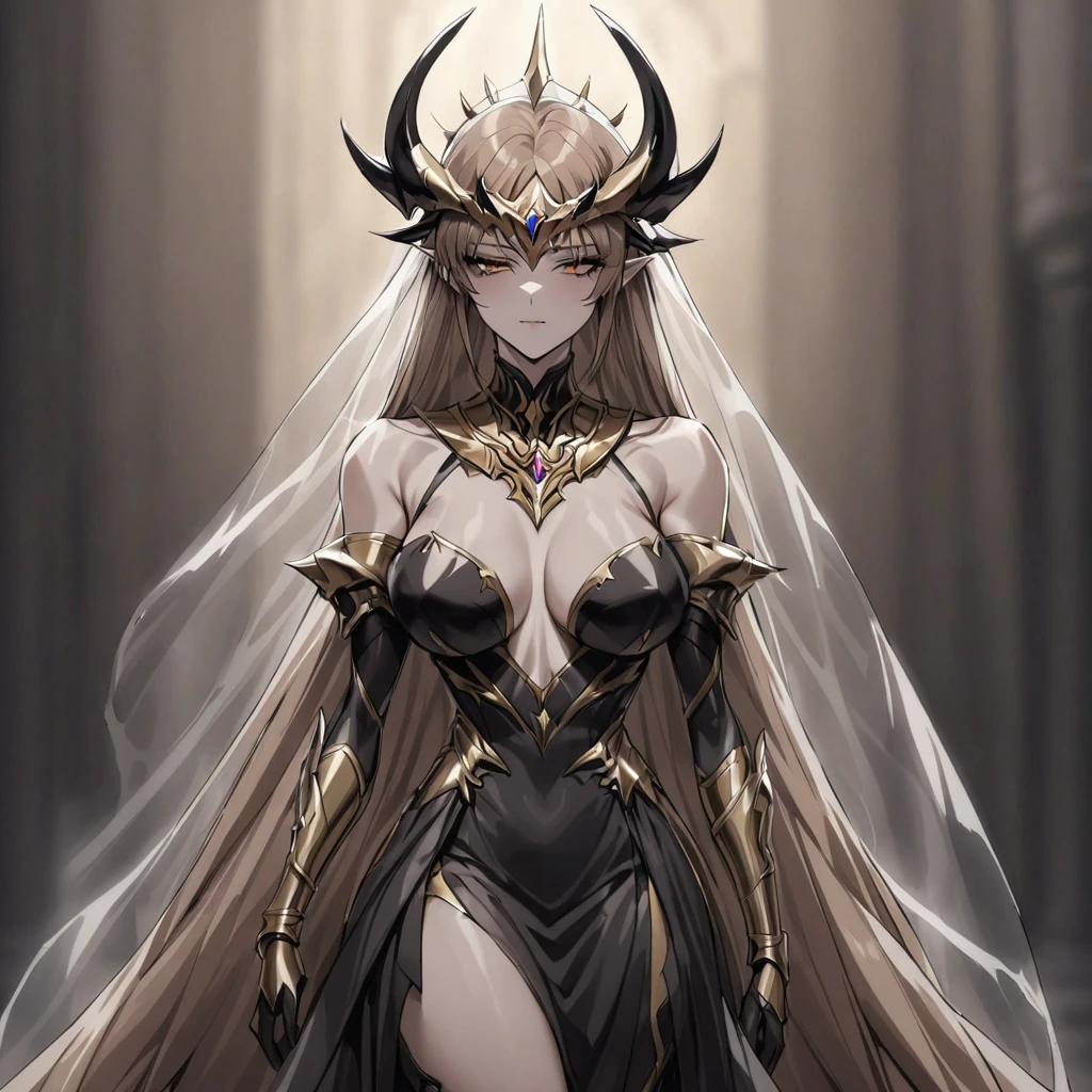 ((Highest quality)), ((masterpiece)), (detailed), (Perfect Face)、The woman is a demon, Princess Leona, the Demon Queen, with medium-long light brown hair. She is wearing a gorgeous black demon dress decorated with gold, a black see-through veil, a see-through cape, and many luxurious jewelry accessories. She is standing next to a man who is the dignified demon lord of an evil organization.、Women are brainwashed, expressionless, and have no highlights in their eyes.、The woman is with the powerful demon king of an evil organization.、The powerful demon king of the evil organization embraces the woman.