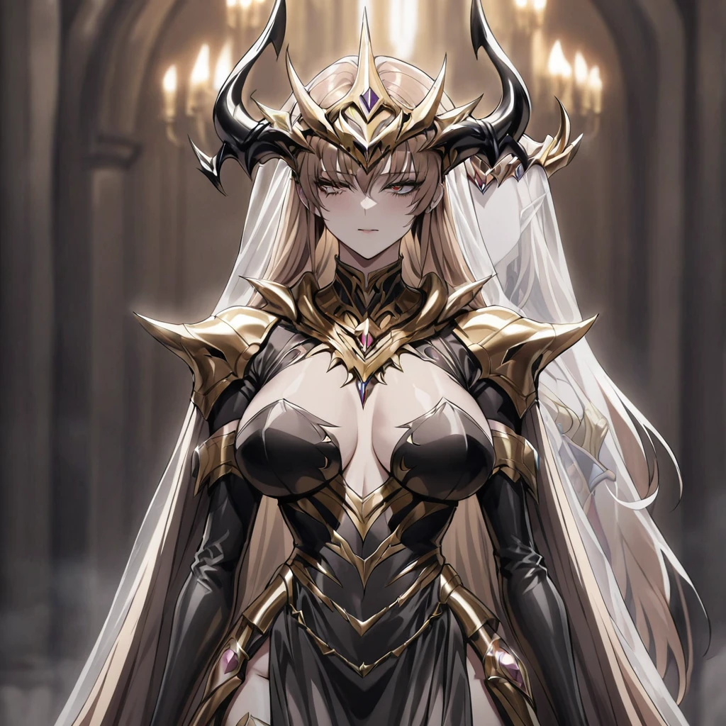 ((Highest quality)), ((masterpiece)), (detailed), （Perfect Face）、The woman is a demon, Princess Leona, the Demon Queen, with medium-long light brown hair. She is wearing a gorgeous black demon dress decorated with gold, a black see-through veil, a see-through cape, and many luxurious jewelry accessories. She is standing next to a man who is the dignified demon lord of an evil organization.、Women are brainwashed, expressionless, and have no highlights in their eyes.、The woman is with the powerful demon king of an evil organization.、The powerful demon king of the evil organization embraces the woman.