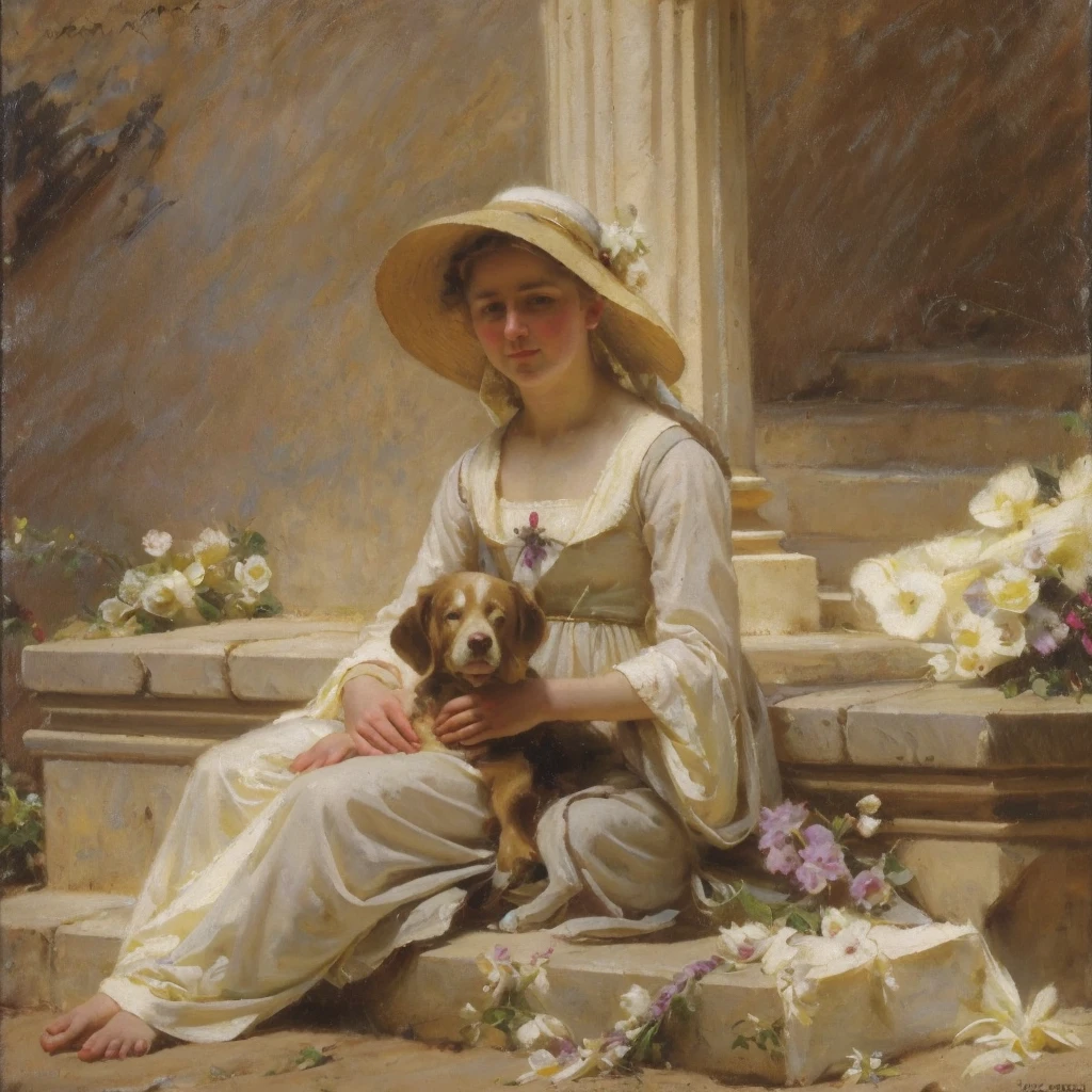 oil on canvas, a young beautiful woman with resemblance to Mckenna Grace, white medieval outfit, has a little dog, She is lying on some stone steps in front of a column decorated with flowers, in the background a quiet beach, Hoar, looking to the camera, natural lighting, style of william-adolphe bouguereau