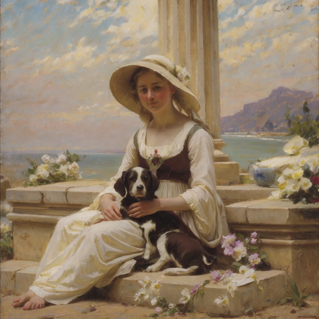 oil on canvas, a young beautiful woman with resemblance to Mckenna Grace, white medieval outfit, has a little dog, She is lying on some stone steps in front of a column decorated with flowers, in the background a quiet beach, Hoar, looking to the camera, natural lighting, style of william-adolphe bouguereau