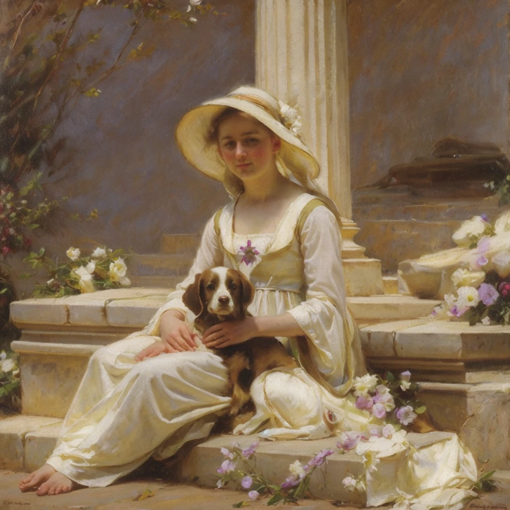 oil on canvas, a young beautiful woman with resemblance to Mckenna Grace, white medieval outfit, has a little dog, She is lying on some stone steps in front of a column decorated with flowers, in the background a quiet beach, Hoar, looking to the camera, natural lighting, style of william-adolphe bouguereau