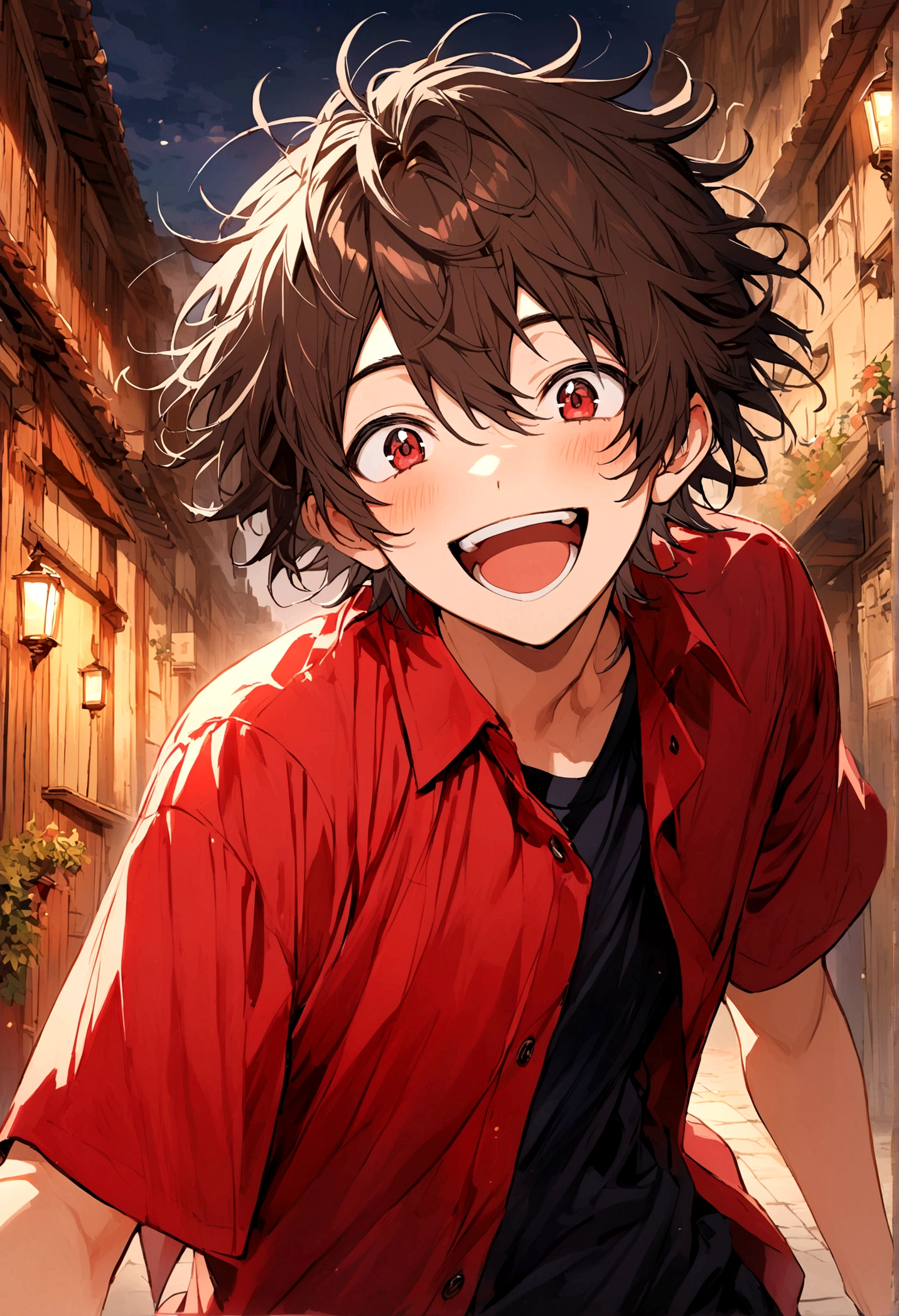 Teenage boy, Messy hair, short length hair, dark brown hair, eyes black, excited smile, dark blue shirt with red details, dark red blouse,