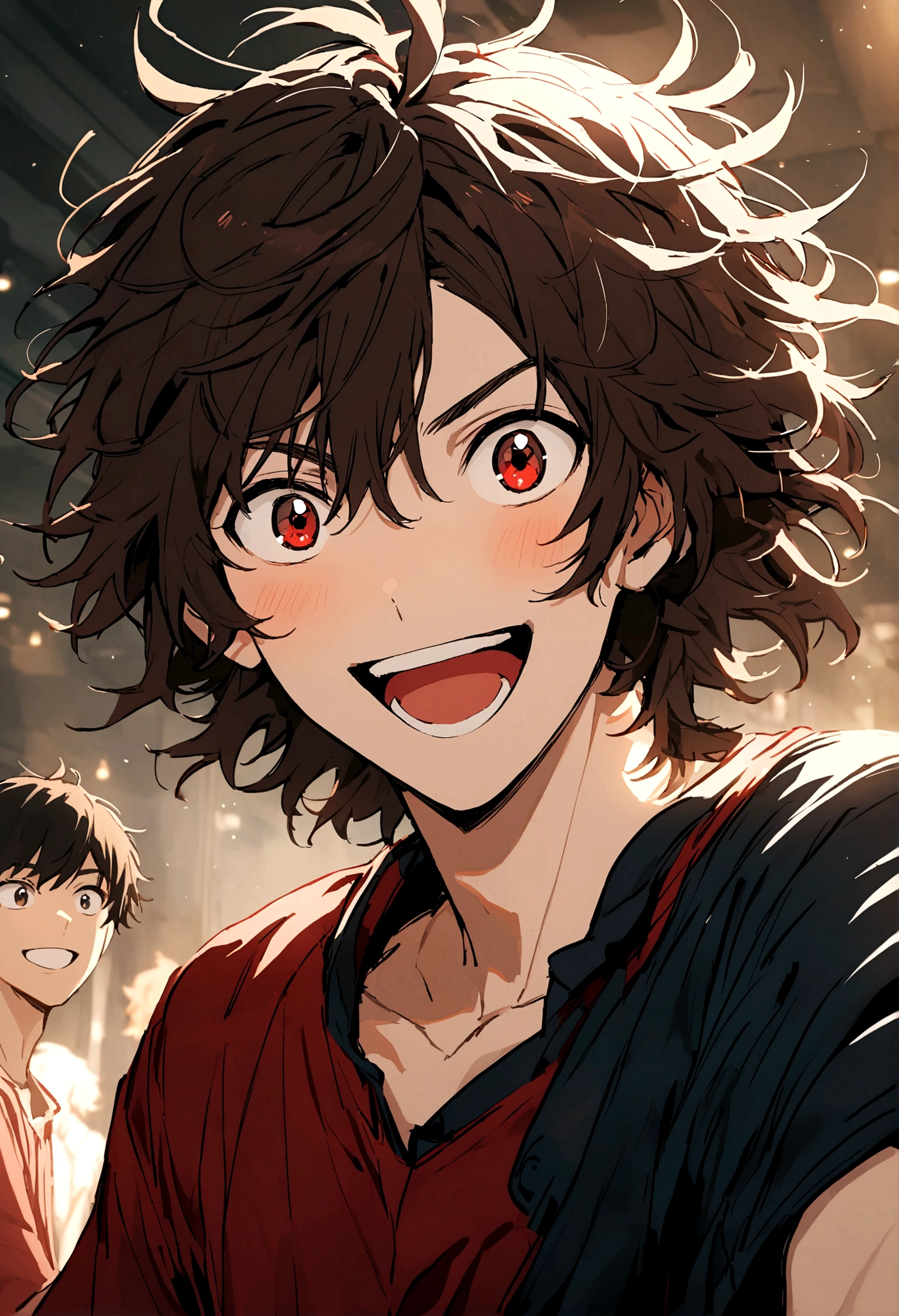 Teenage boy, Messy hair, short length hair, dark brown hair, eyes black, excited smile, dark blue shirt with red details, dark red blouse,