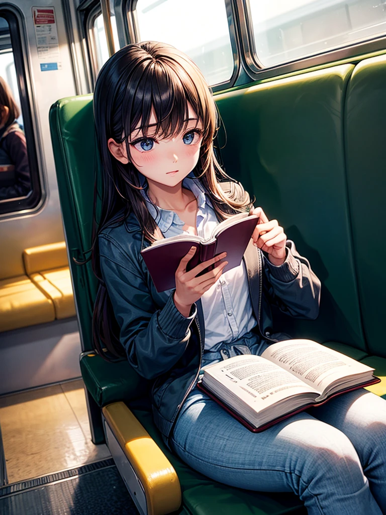Highest quality,Highest Resolution,A student reading a book on the train,,