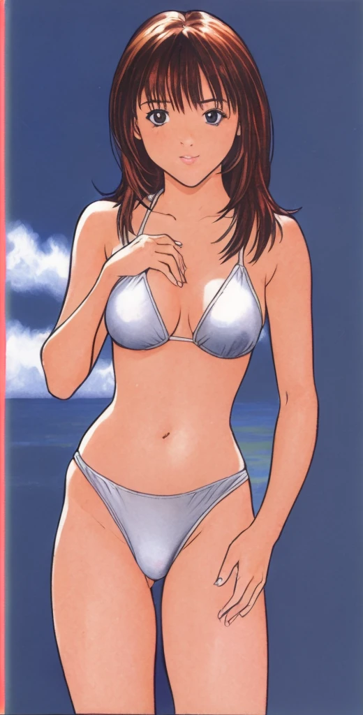 Iori is standing in a bikini, blushing, with her mouth open, legs spread to the sides, and hands on her hips.。