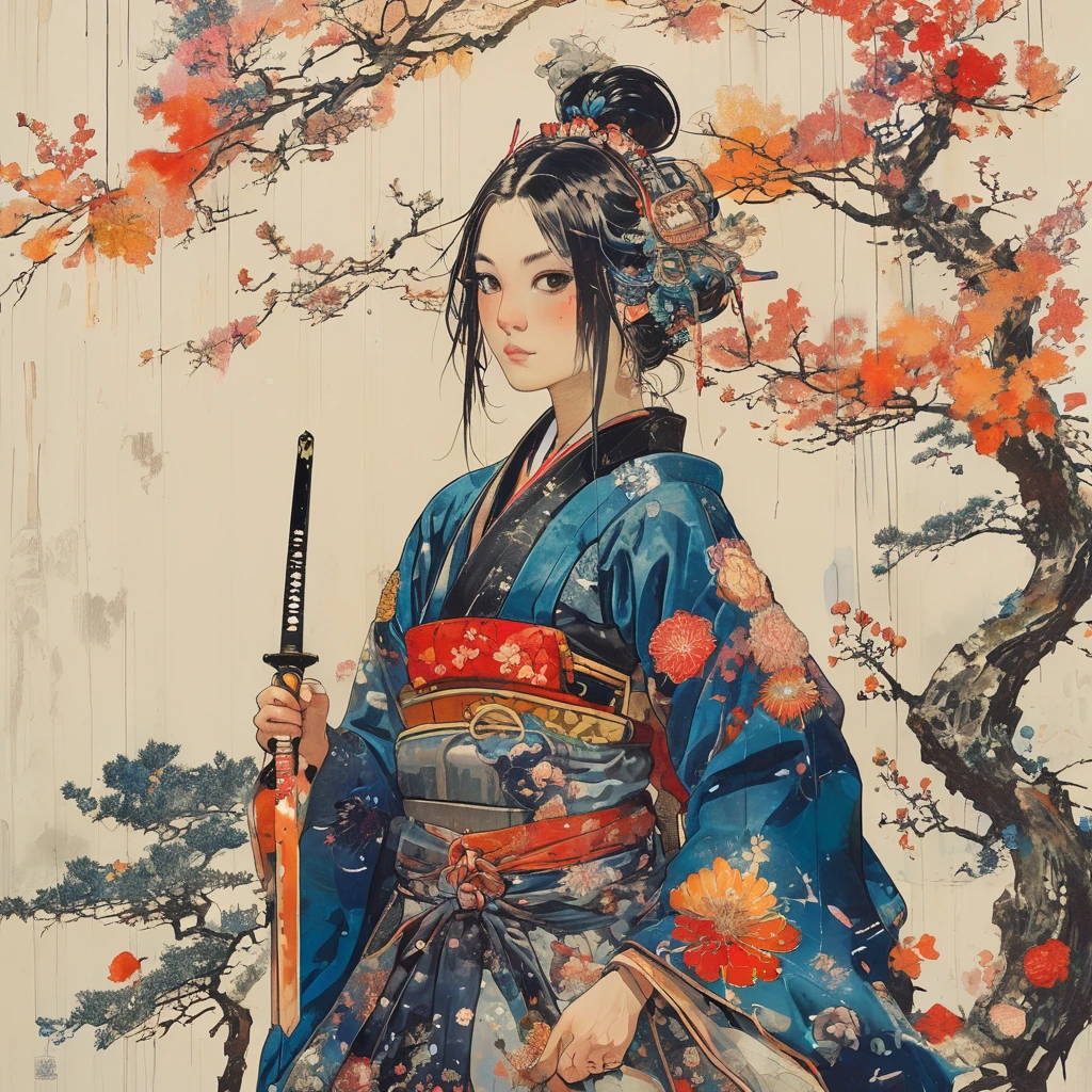 A vibrant and colorful illustration of an anime-style female samurai character with white hair, holding her sword in front of her face. She is wearing traditional Japanese adorned with floral patterns, a backdrop filled with colorful patterns representing ancient symbols and floral motifs. The background is richly detailed with geometric shapes that add depth to their figure's presence., creating a whimsical atmosphere. The background features bold colors and intricate designs that add to the overall visual appeal. This artwork showcases vivid hues, intricate details on both attire and armor, capturing movement as she walks forward in the style of intricate details on both attire and armor, capturing movement as she walks forward,  in the style of  takato yamamoto    , 