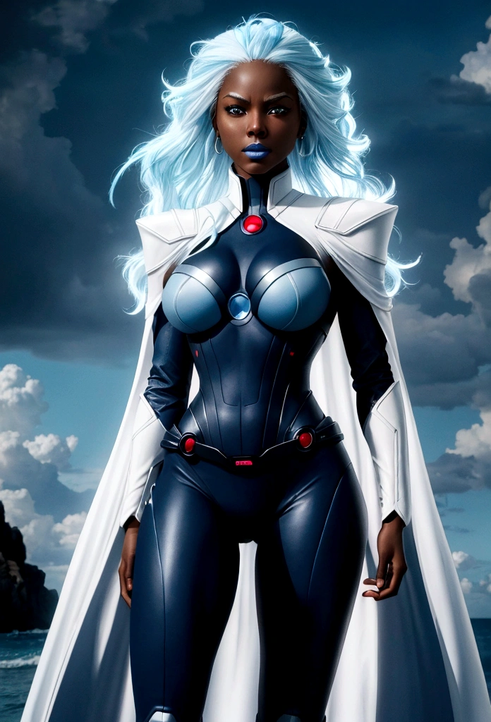Full-body centered image of Storm, X-Men superheroine, a black woman, with healthy, well-groomed skin tone. Storm has a thin but curvy body, with a well-defined silhouette, extremely feminine and sensual. Small, round, firm and prominent breasts. White, silver, long, waist-length hair. (((His eyes are bright blue))), expressive and penetrating. She is on the beach, on a sunny day, wearing a (((red crochet)) bikini. Storm has a striking and sensual presence. She is smiling exuding an aura of joy and relaxation. Storm, ultra-detailed official artwork, extremely detailed Unity 8k CG wallpaper, perfect lighting, colorful, ultra-high resolution, photography, 8K, HDR, Kodak portra 400, film grain, blurred background, (bokeh: 1, 2), (vibrant color: 1.2), film grain: 1.2, (warm hue, warm tone: 1.2), (color photo), professional photography.