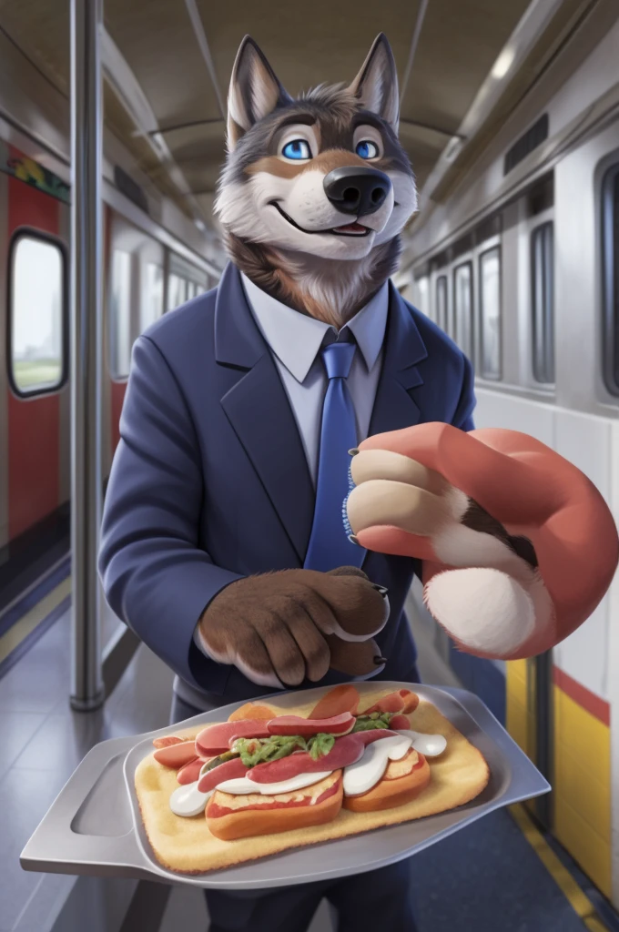 Larry (Zveropolis), wolf, Gray Fur, (brown body:1.3), beautiful blue eyes, Zveropolis, dressed,shirt tie,trousers,pink apron,trains,canine,wolf, detailed fur, male, second, paw pads, finger claws, viewer, 5 fingers, paws, 4 toes,holds, times, close to the camera,in the apartment kitchen,
BREAK from nextel, for dating, by xenoforge, (difficult, high detail,digital photography, soft focus, RAW, close to the camera, smile, positive, Good, mood, Houses, смотрит на viewer, очень close to the camera, goes on a date,
Photorealism, realistic, photorealistic,digital style, Subsurface scattering,очень close to the camera кольцо на пальце руки,father of his daughter, trains, supper,
masterpiece, Best quality, ultra realistic, 8 thousand.)
