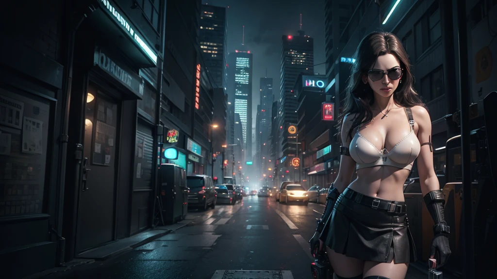 20-year old large-breast woman with cleavage:1.4, 1woman, solo, 3D neon art of a woman's body, (((((matrix style black micro sunglasses, black bra and very short black miniskirt, white G-string panty))))), (((aiming with a short gun))), (looking at camera), aerial view of blade runner neon-noir city background, (((1drone alone above city))), perfect composition, beautiful detailed intricate insanely detailed octane render trending on artstation, 8K artistic photography, photorealistic concept art, soft natural volumetric cinematic perfect light, chiaroscuro, award-winning photograph, masterpiece, oil on canvas, Raphael, Caravaggio, Greg Rutkowski, Beeple, Beksinski, Giger