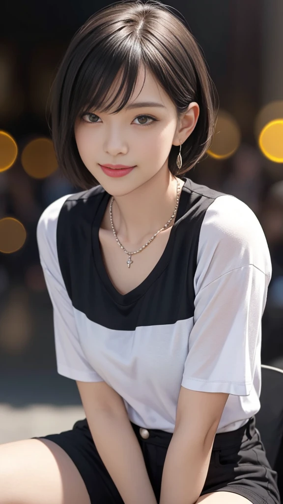 8K,(RAW photos),(best quality), (Photo-realistic:1.4),Realistic skin texture 1girl,Lovely,Double eyelids,Bangs,whole body,,Thin legs,(fit),Slim,Smile,short hair,earrings,necklace,Watch and look at the audience,Face Focus,Depth of Field,club ,(Chest close-up:1),Bokeh,,Light T-shirt，Black shorts