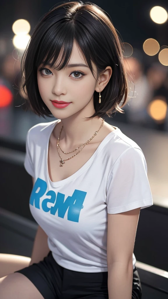 8K,(RAW photos),(best quality), (Photo-realistic:1.4),Realistic skin texture 1girl,Lovely,Double eyelids,Bangs,whole body,,Thin legs,(fit),Slim,Smile,short hair,earrings,necklace,Watch and look at the audience,Face Focus,Depth of Field,club ,(Chest close-up:1),Bokeh,,Light T-shirt,Black shorts