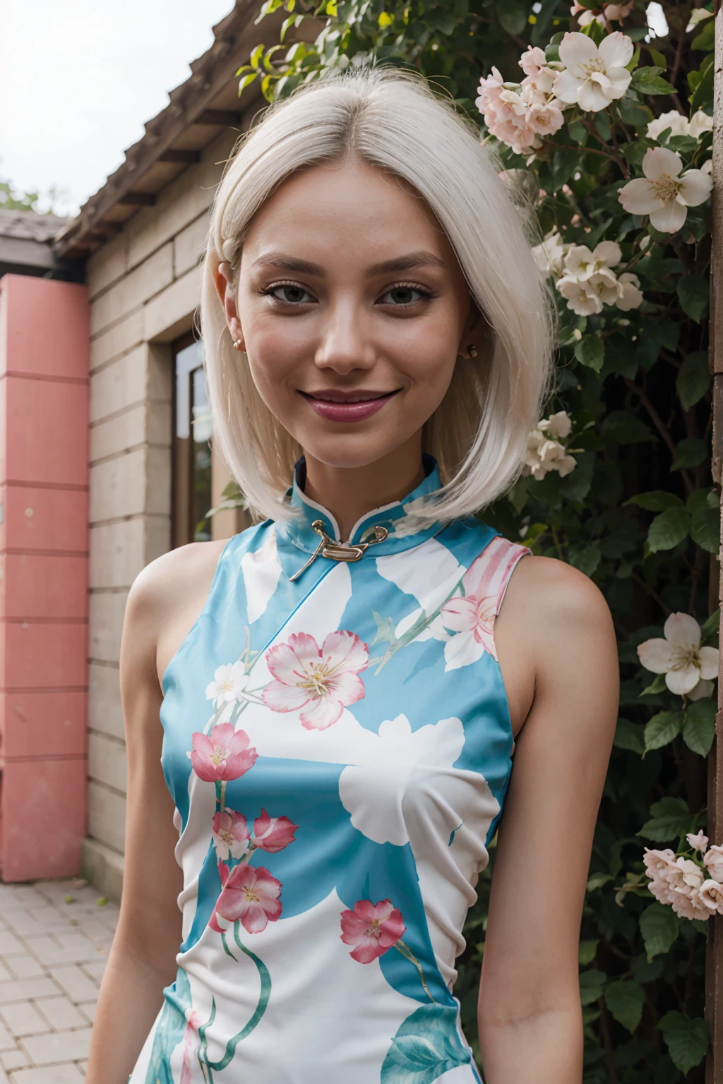 mirage, green eyes, long white hair, jewelry, earrings, cheongsam, sleeveless, long dress, Wad of bills, floral print,looking at the viewer, Serious, smiling, standing, outside, garden, tori rojo, Cherry Blossom, blue sky, high quality, Masterpiece,