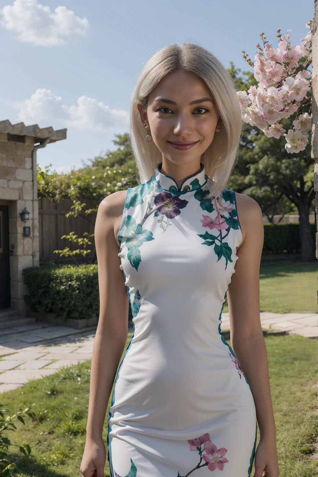 mirage, green eyes, long white hair, jewelry, earrings, cheongsam, sleeveless, long dress, Wad of bills, floral print,looking at the viewer, Serious, smiling, standing, outside, garden, tori rojo, Cherry Blossom, blue sky, high quality, Masterpiece,  