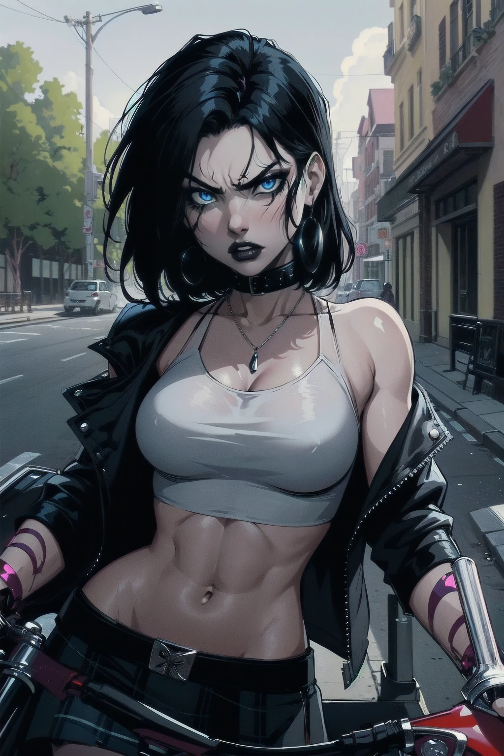 a woman with medium black hair, hair on shoulders, wearing plaid skirt, black jacket, blue eyes, gothic art, cute aesthetic with vibe, toon aesthetic, wearing gothic accessories, look like Cassie Hack, upper body, angry, driving on the motocicle, street background, dinamic poses