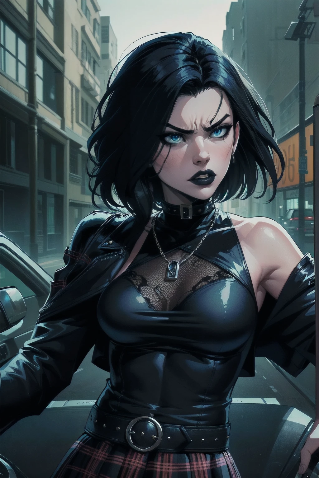 a woman with medium black hair, hair on shoulders, wearing plaid skirt, black jacket, blue eyes, gothic art, cute aesthetic with vibe, toon aesthetic, wearing gothic accessories, look like Cassie Hack, upper body, angry, driving on the motocicle, street background, dinamic poses