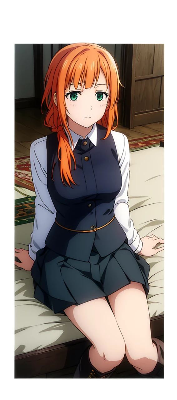 Tied long orange hair, green eyes, white pants, black corset, white long-sleeved blouse, sword at side, brown boots
