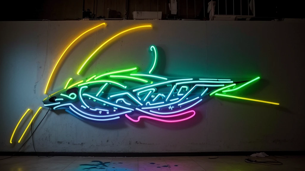 Create a scenario of a large wall painted with colorful paints simulating tattoos illuminated with neon