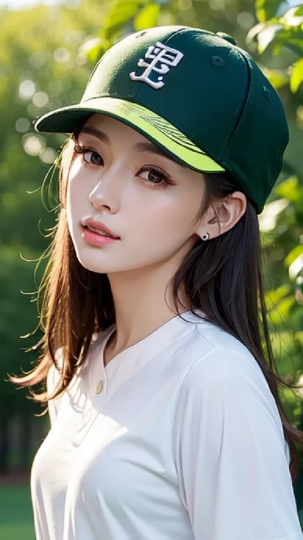 a beautiful chinese lady with a baseball cap is posing on a green tee, 1girl, solo, belt, hat, jewelry, realistic, earrings, shirt