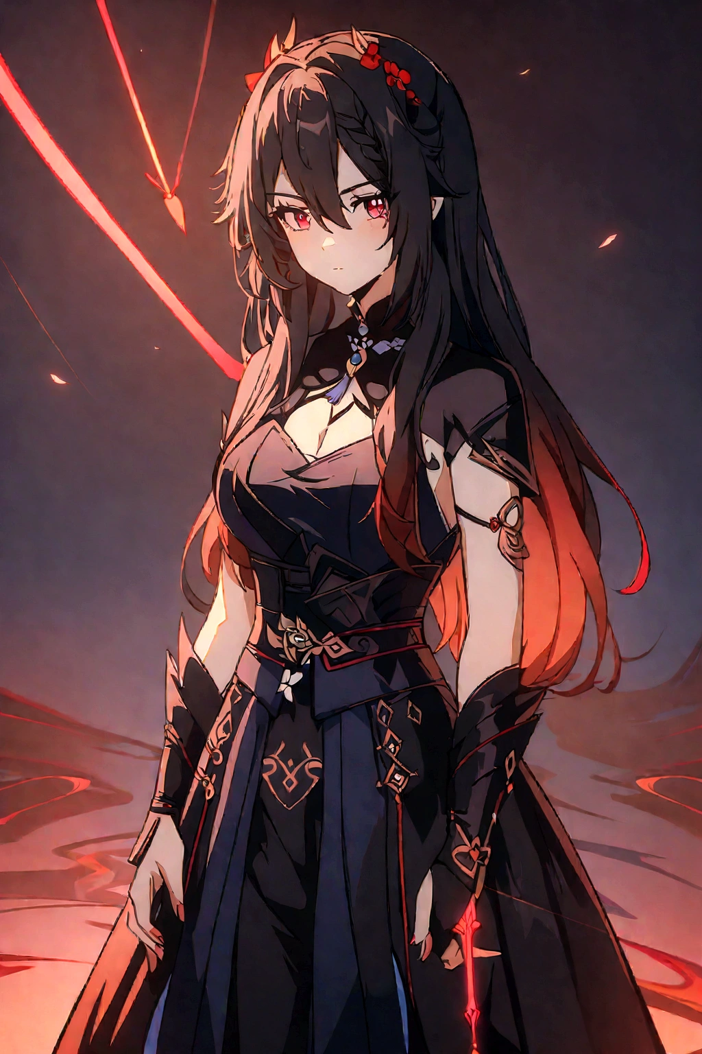 Anime girl with long black hair and red eyes in a black dress, Amazing anime 8k, Ayaka Genshin Impact, Anime girl in a black dress, Anime girl with bow and arrow, Keqing of Genshin Impact, With eyes that glow red, Anime Art Wallpapers 8K, From Arknights, Anime Moe Art Style, Female Anime Characters, Red eyes glow
