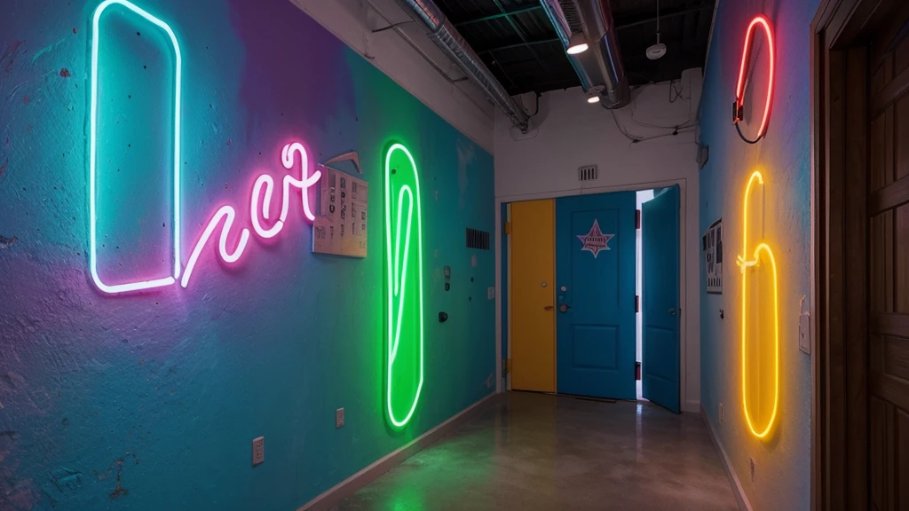 Create a scenario of a large wall painted with colorful paints simulating tattoos illuminated with neon