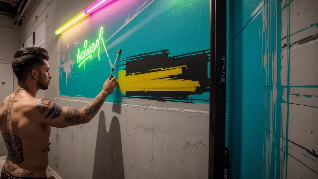 Create a scenario of a large wall painted with colorful paints simulating tattoos illuminated with neon