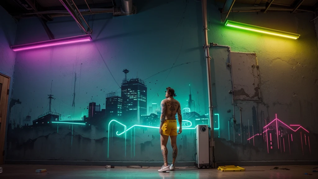 Create a scenario of a large wall painted with colorful paints simulating tattoos illuminated with neon