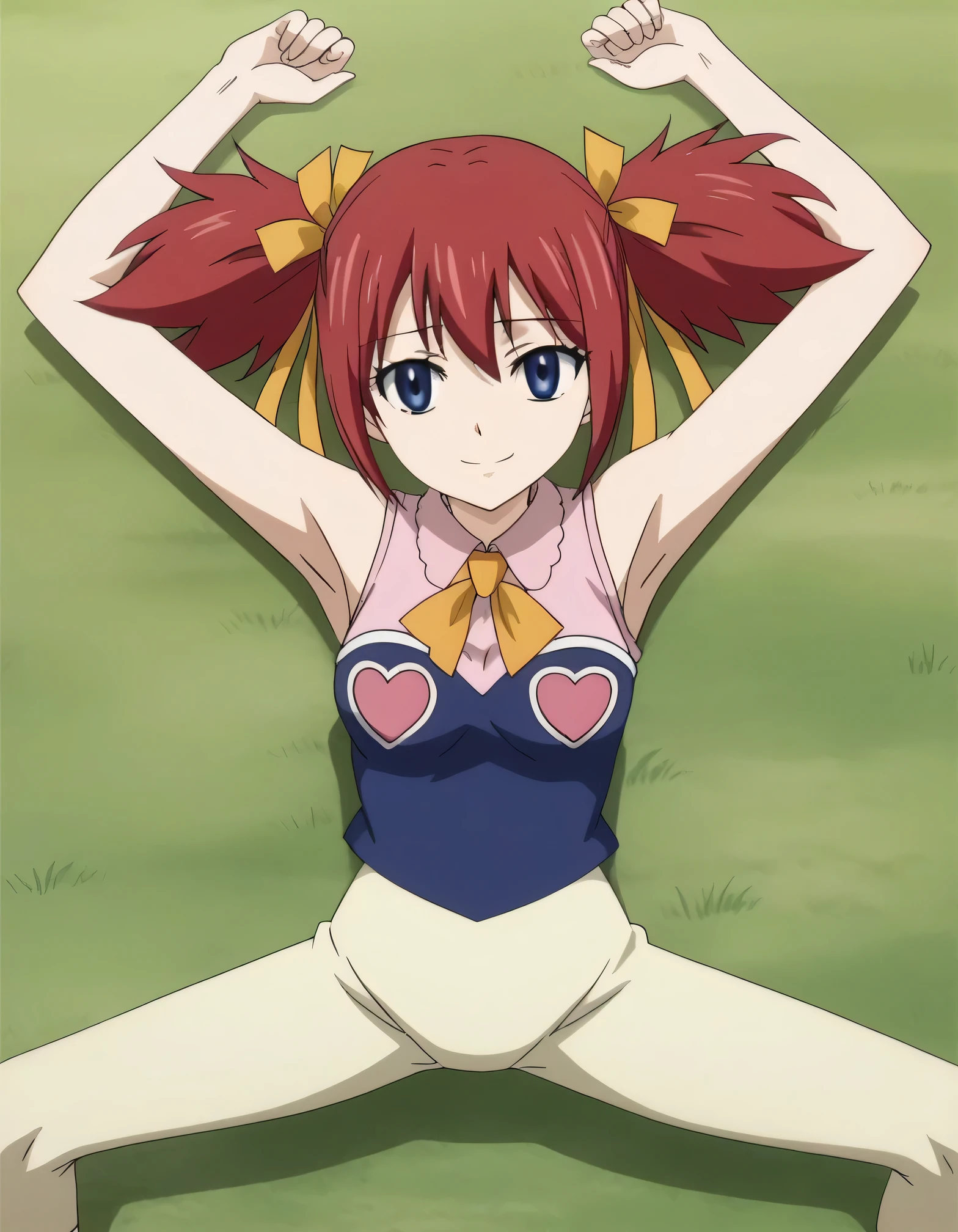 chelia_blendy, source_anime, rating_safe, intricate details, anime screencap, anime coloring, 1girl, solo,  red hair, blue eyes, ribbon, hair ribbon, twintails, short twintails, looking at viewer, high quality, solo, lying, on back, arms up, spread arms, closed mouth, on grass, center, full body, looking at viewer, suggestive smile, best quality, spread legs,