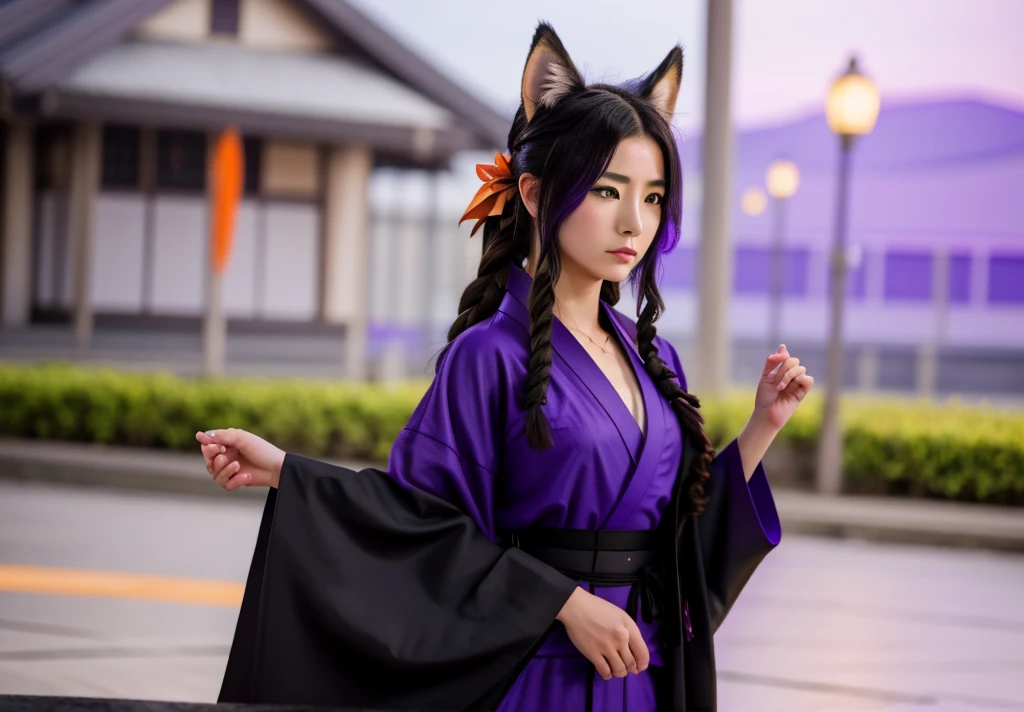 watercolor style, kiitsune woman, short (orange|black) Long Hair, (freckles:0.6), fox ears, (purple|purple|black|white) patterened kimono, masterpiece, 8k, high resolution, shallow depth of field, sharp focus