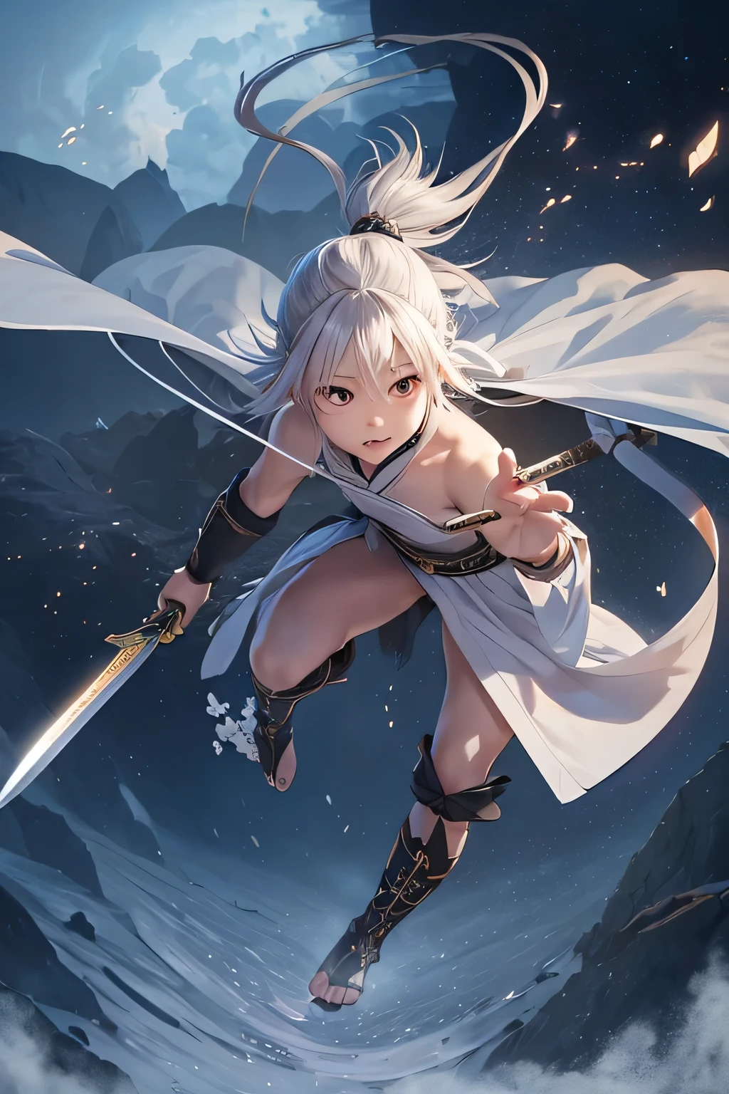 Little Sword Fairy，A Chinese centenarian，Wrinkled face，Awe without anger，Long gray hair，tall and hunk，Wear a costume，unarmed，Both feet are stepping on the blade of an oversized sword.，Sword flying，Full body photo through the clouds