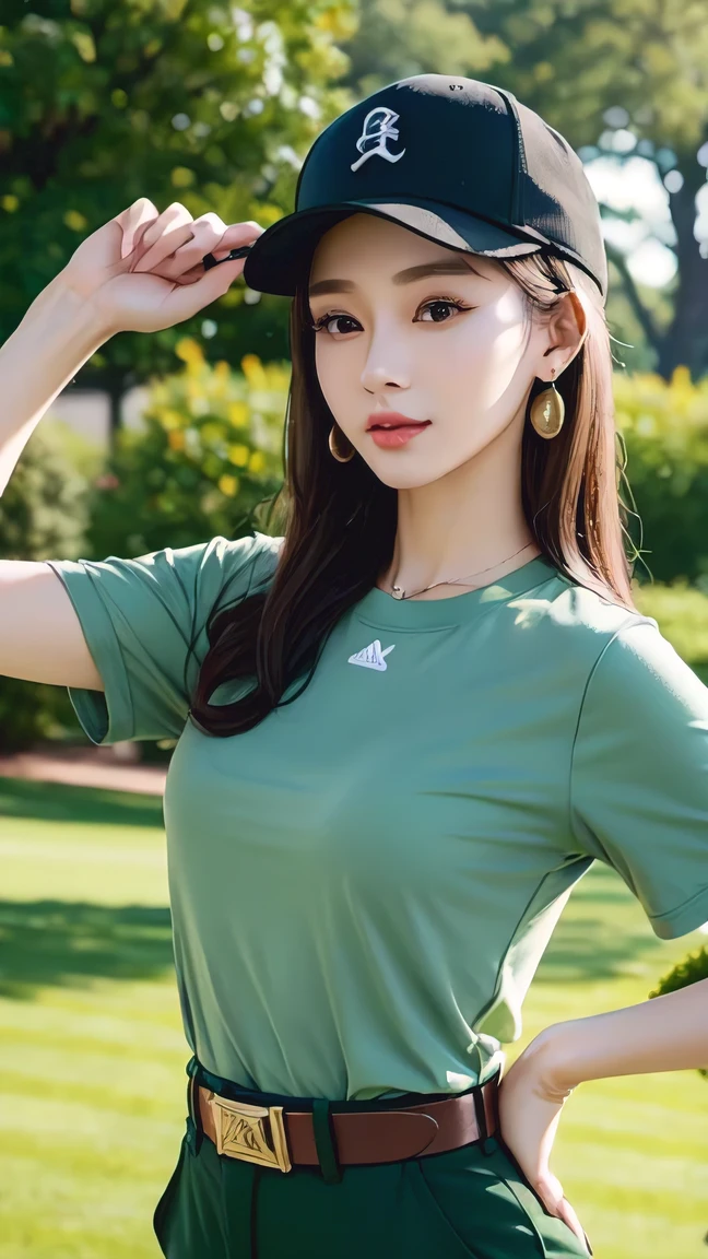 a beautiful chinese lady with a baseball cap is posing on a green tee, 1girl, solo, belt, hat, jewelry, realistic, earrings, shirt