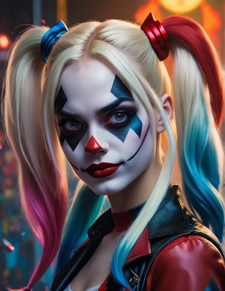very attractive 25 year old girl with long platinum blonde hair, close-up of a woman with a skull on her head, of Harley Quinn, portrait of Harley Quinn, Colorful cinematography, Scary color graphics in 4 K, Artgerm Julie Bell Beeple, art of alessandro pautasso, Harley Quinn, by Galen Dara, Martin then, Martin then artwork portrait, Harley Quinn