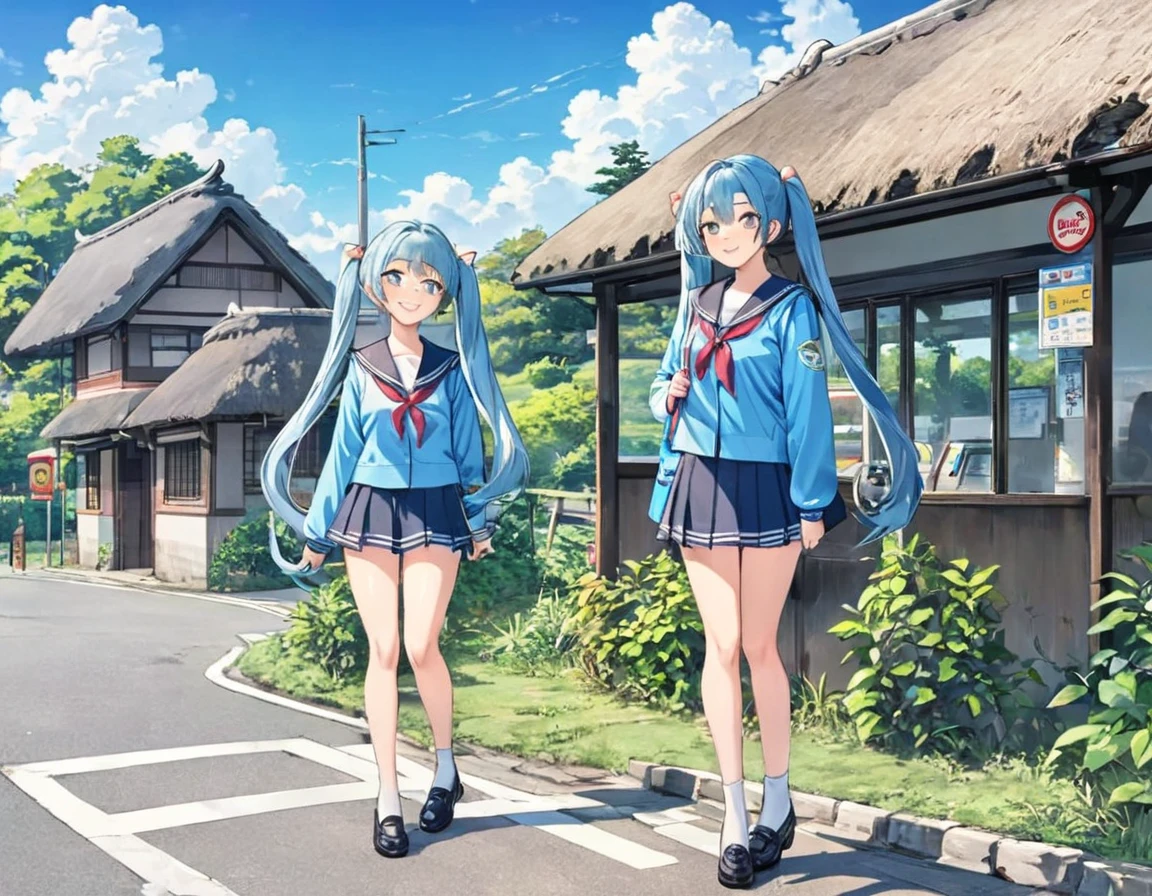 Light blue long hair、Two beautiful girls with twin tails、Sailor suit、Bright smile、Full Body View、Rural Scenery、Rural landscape、Waiting for the bus at the bus stop in front of an old thatched roof house、I can see the bus、White clouds in blue sky、Face Highlights